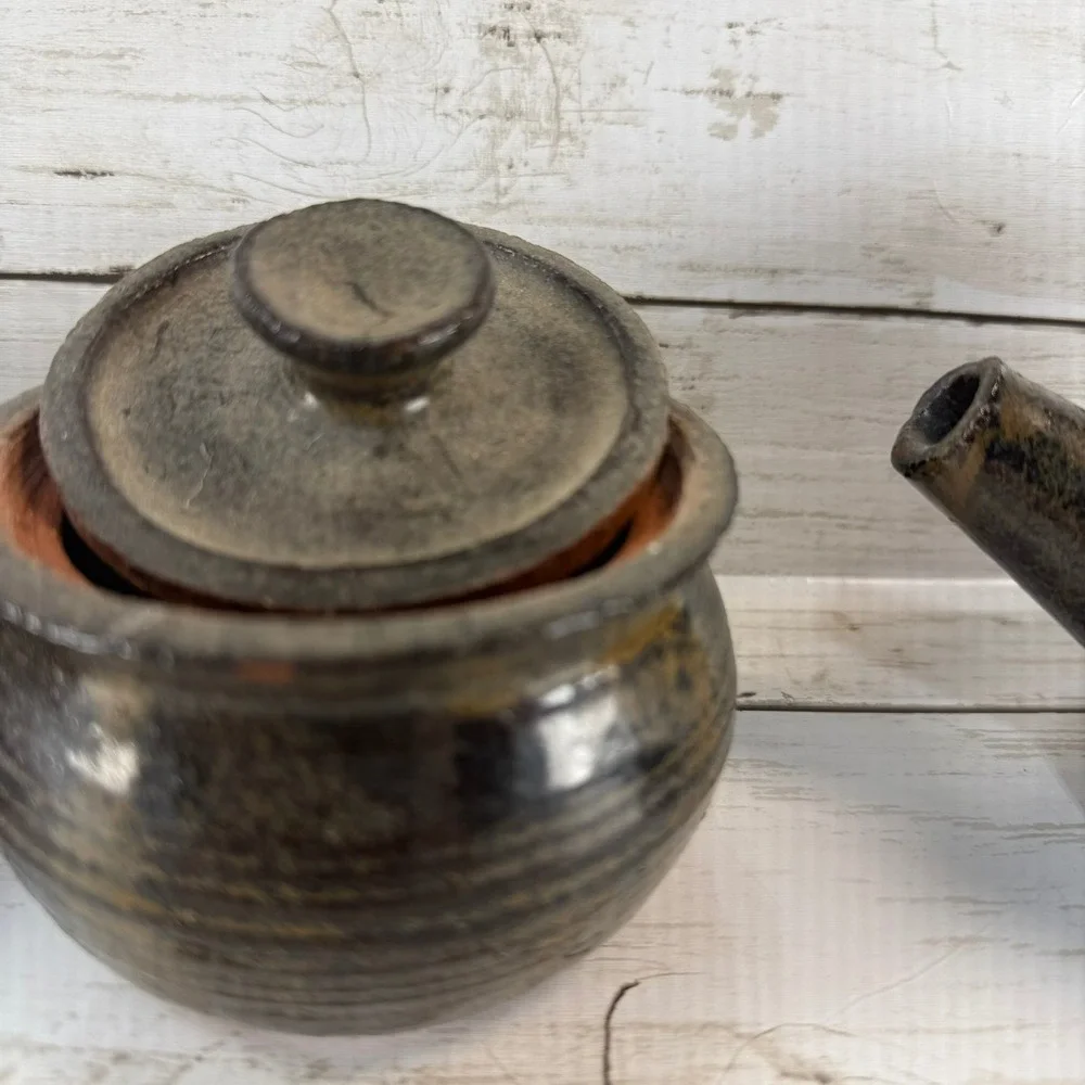 Vintage JC Studio Pottery‎ Tea Set Teapot Lidded Sugar Bowl Creamer Dark Glaze